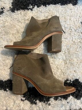 UGG Olive Suede Peep-Toe Block Heel Ankle Boots
